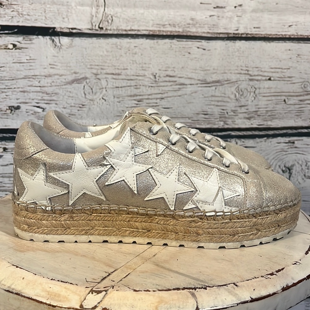Marc fisher leather star metallic wedge espadrille sneakers size 8